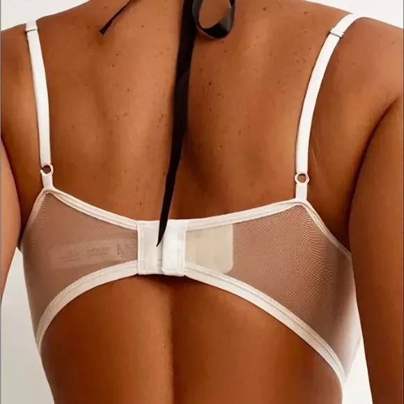 IZA Lotus Ivory Satin Embroidered Over Sheer Mesh Deep V Bustier Bra & Panties - Picture 4 of 15